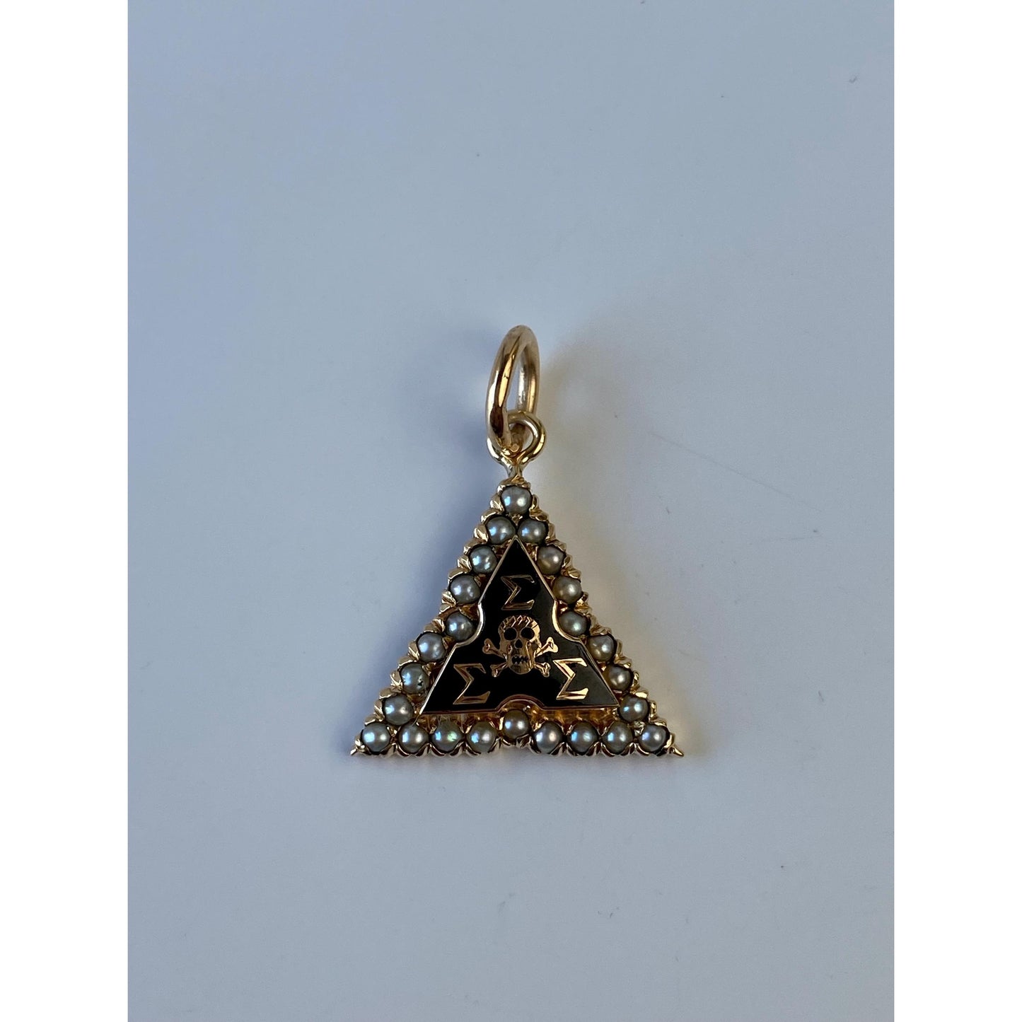 Vintage Solid 10k Yellow Gold Black Enamel Seed Pearl Fraternity Triangle Charm