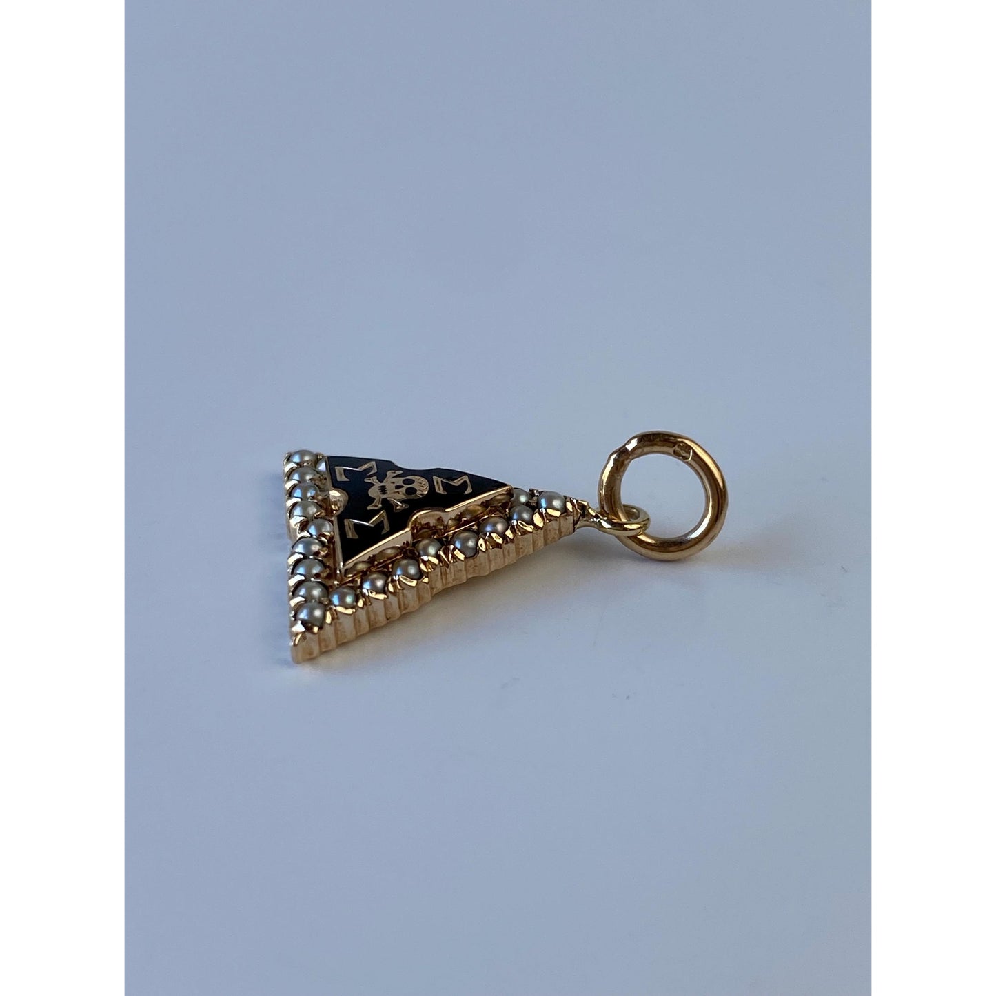 Vintage Solid 10k Yellow Gold Black Enamel Seed Pearl Fraternity Triangle Charm