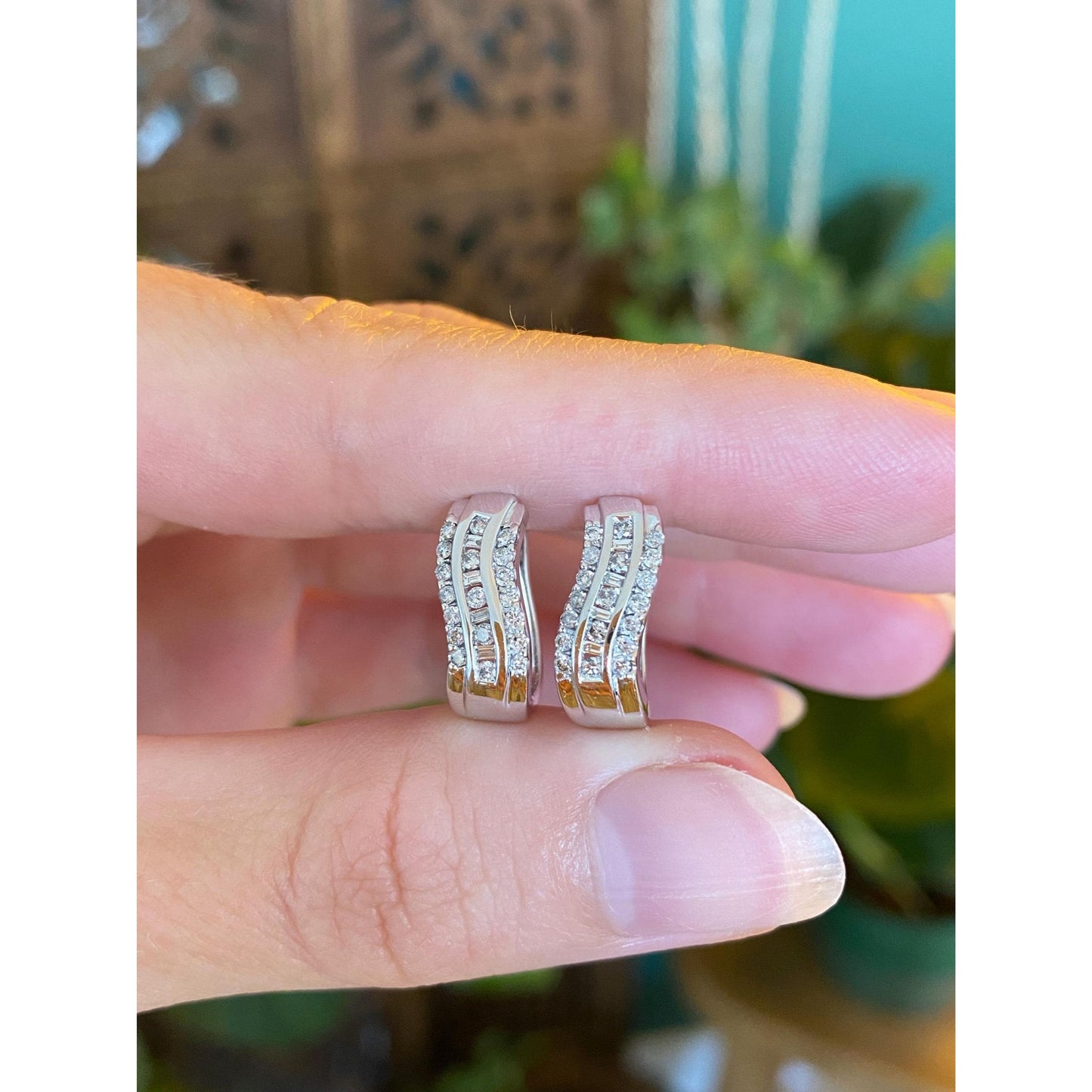 Vintage Solid 14k White Gold Diamond Hoop Earrings