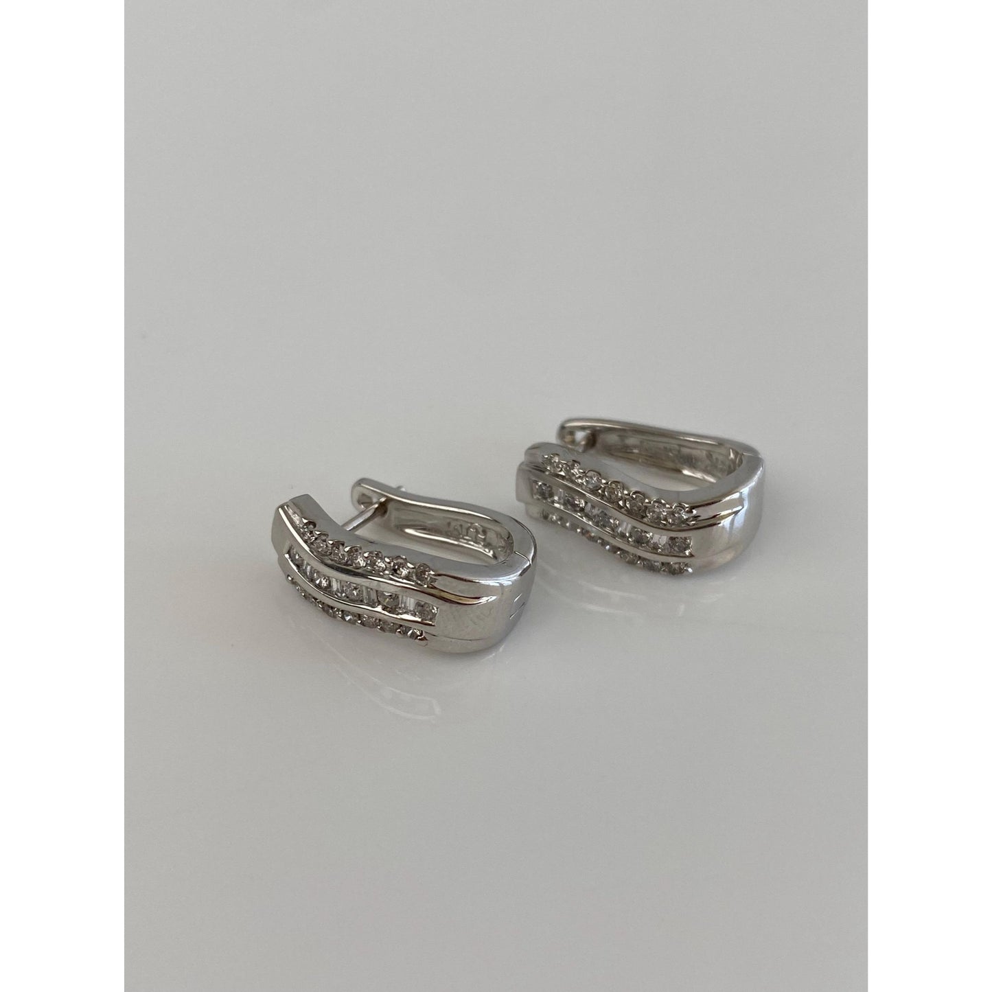 Vintage Solid 14k White Gold Diamond Hoop Earrings