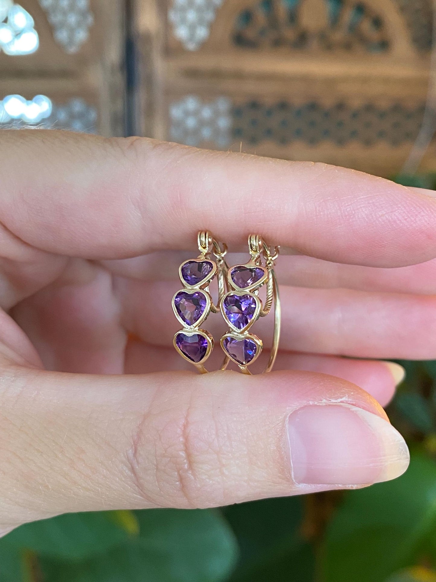 Vintage 10k Yellow Gold Amethyst Hearts Hoop Earrings