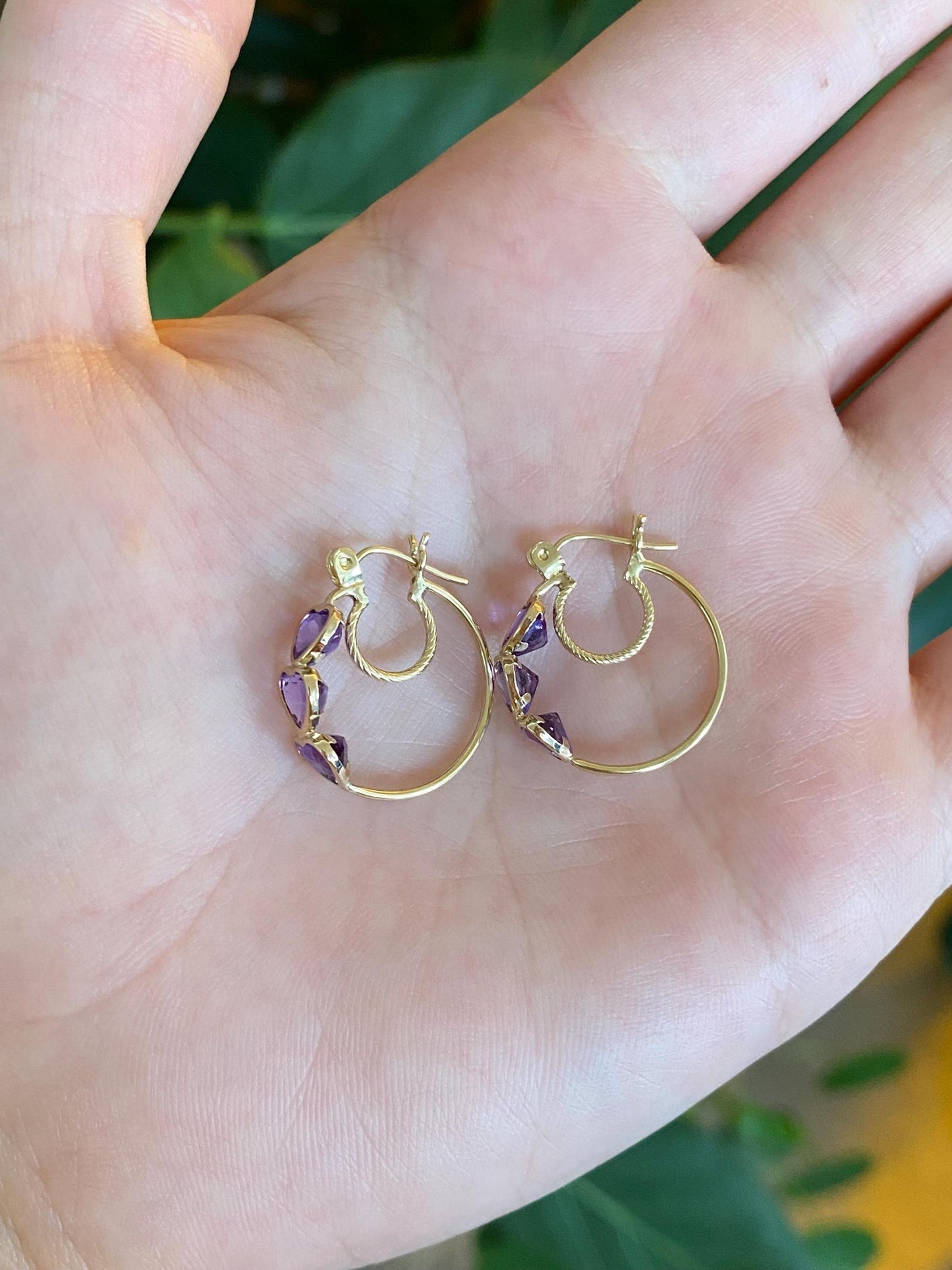 Vintage 10k Yellow Gold Amethyst Hearts Hoop Earrings