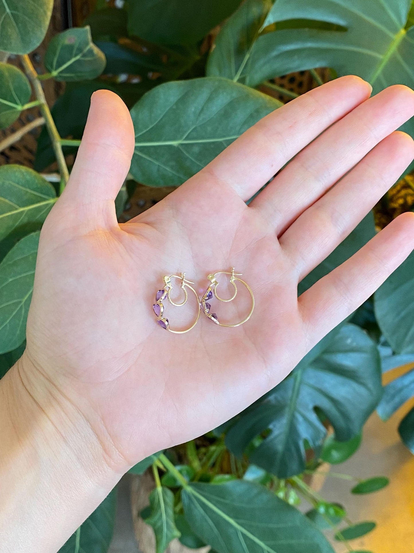 Vintage 10k Yellow Gold Amethyst Hearts Hoop Earrings