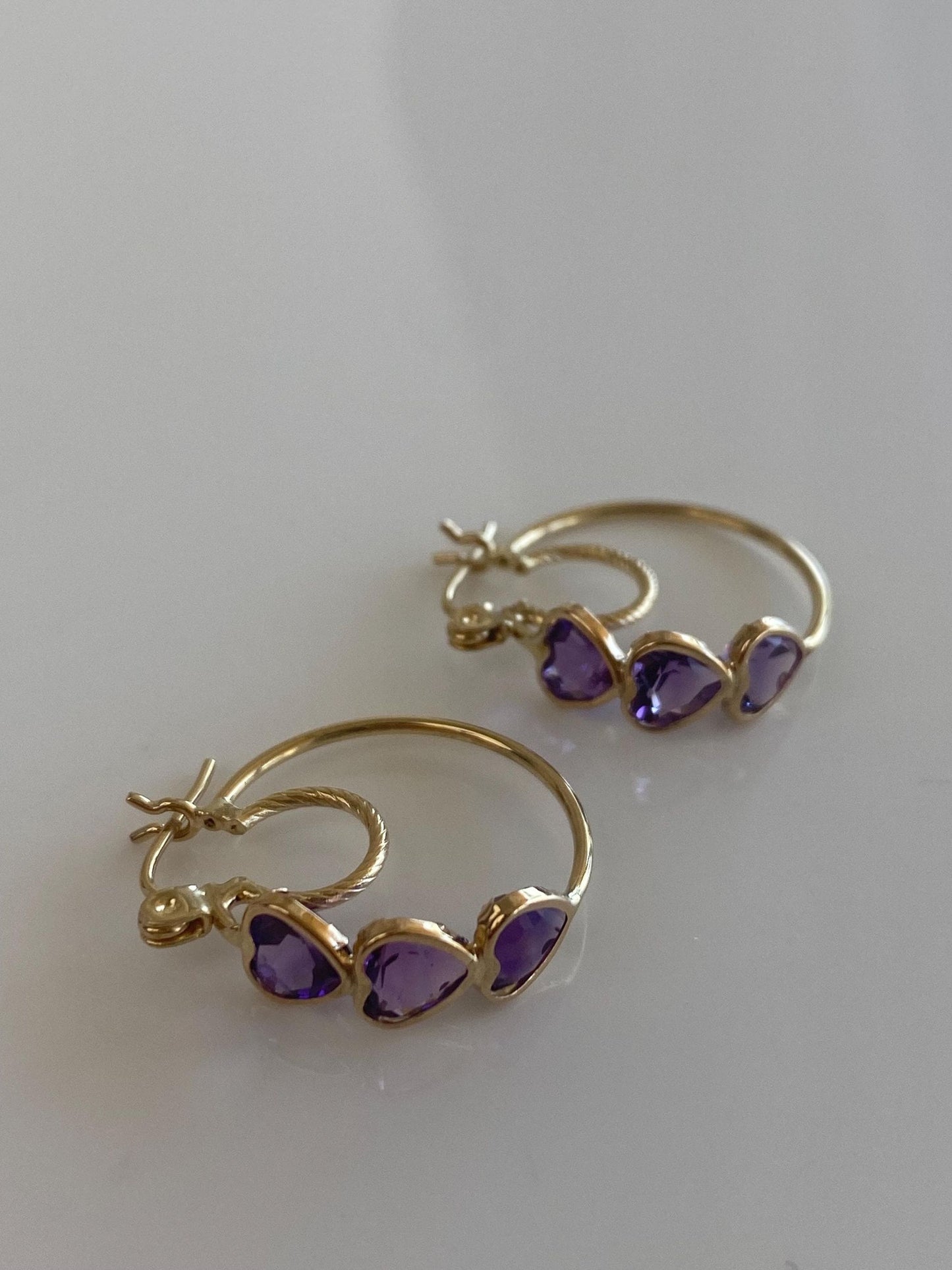 Vintage 10k Yellow Gold Amethyst Hearts Hoop Earrings