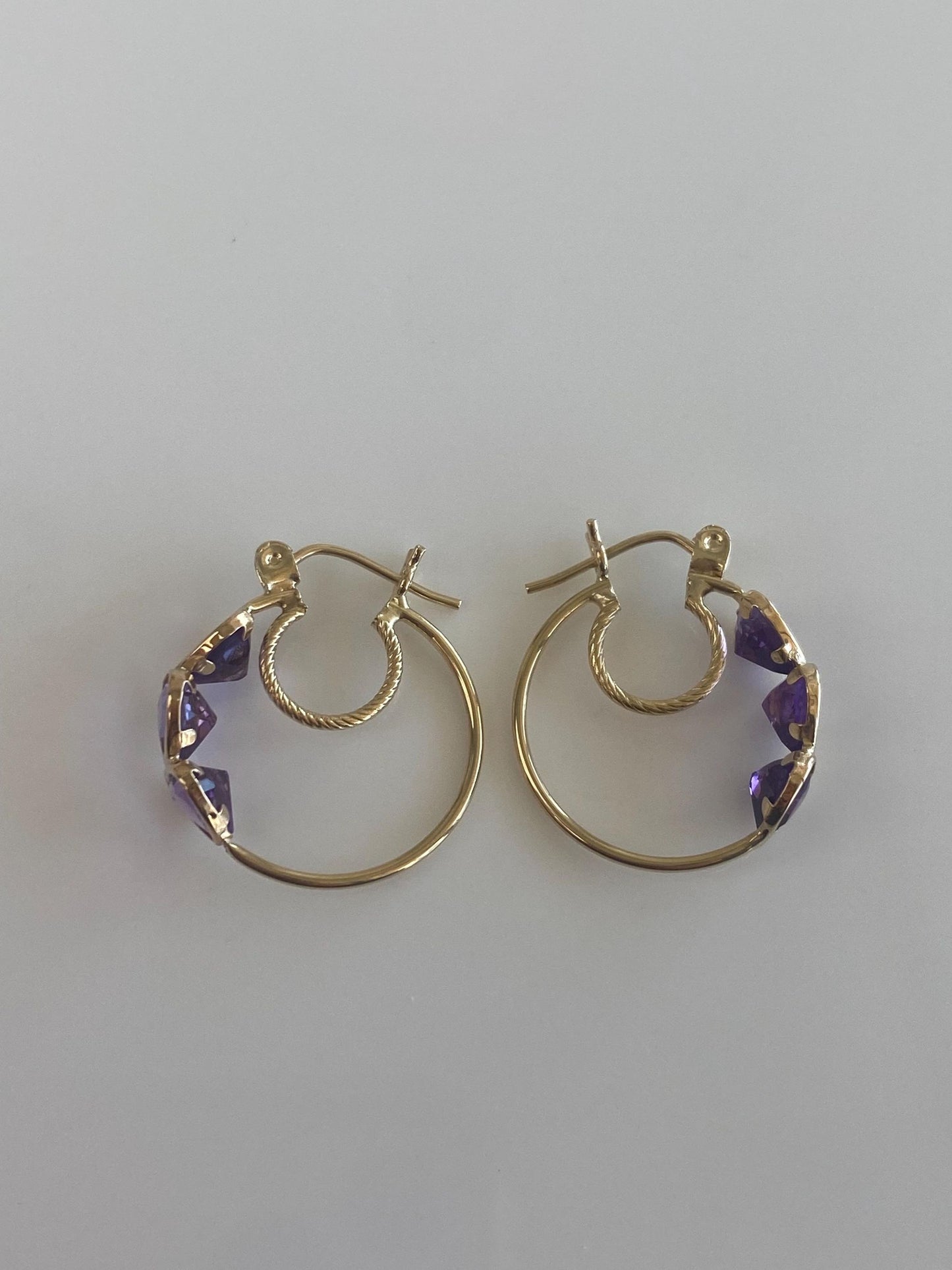 Vintage 10k Yellow Gold Amethyst Hearts Hoop Earrings