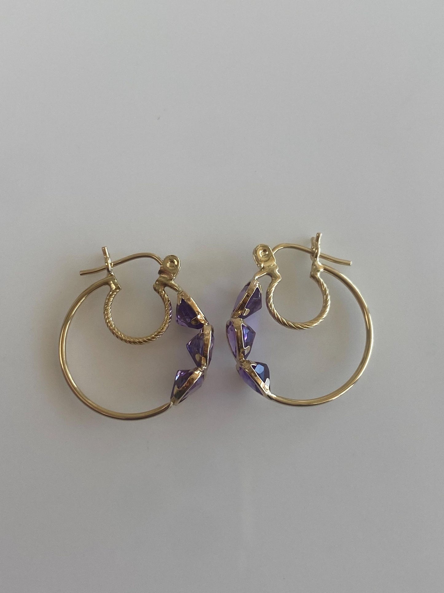 Vintage 10k Yellow Gold Amethyst Hearts Hoop Earrings