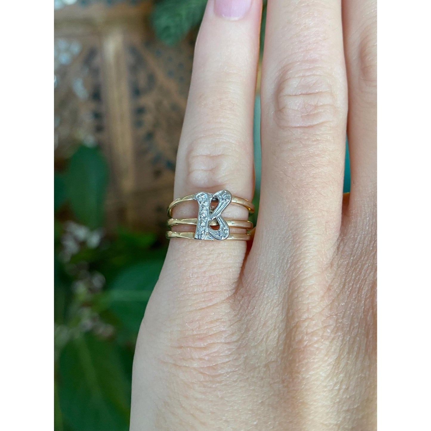 Vintage Solid 14k White & Yellow Gold Diamond Initial 'B' Ring - Size 3.75