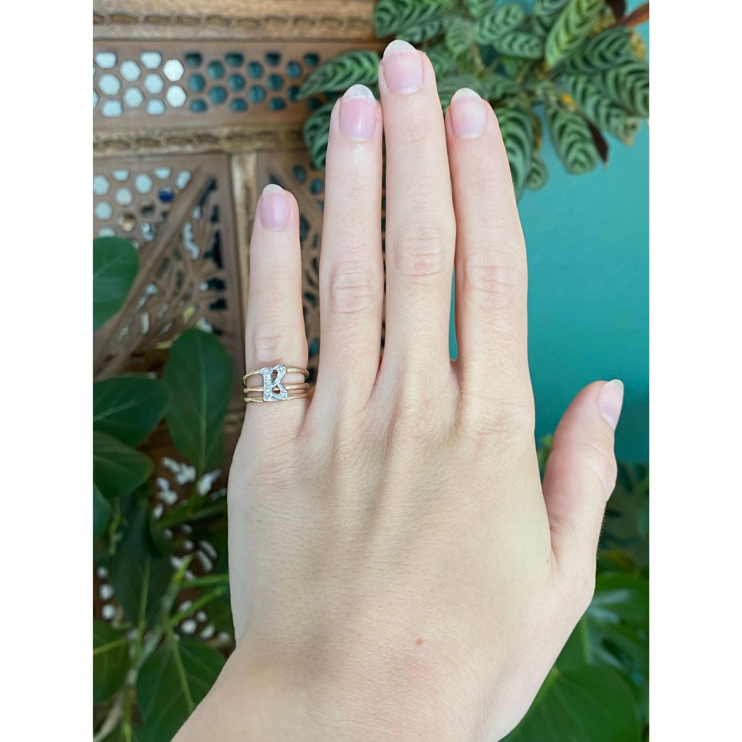 Vintage Solid 14k White & Yellow Gold Diamond Initial 'B' Ring - Size 3.75