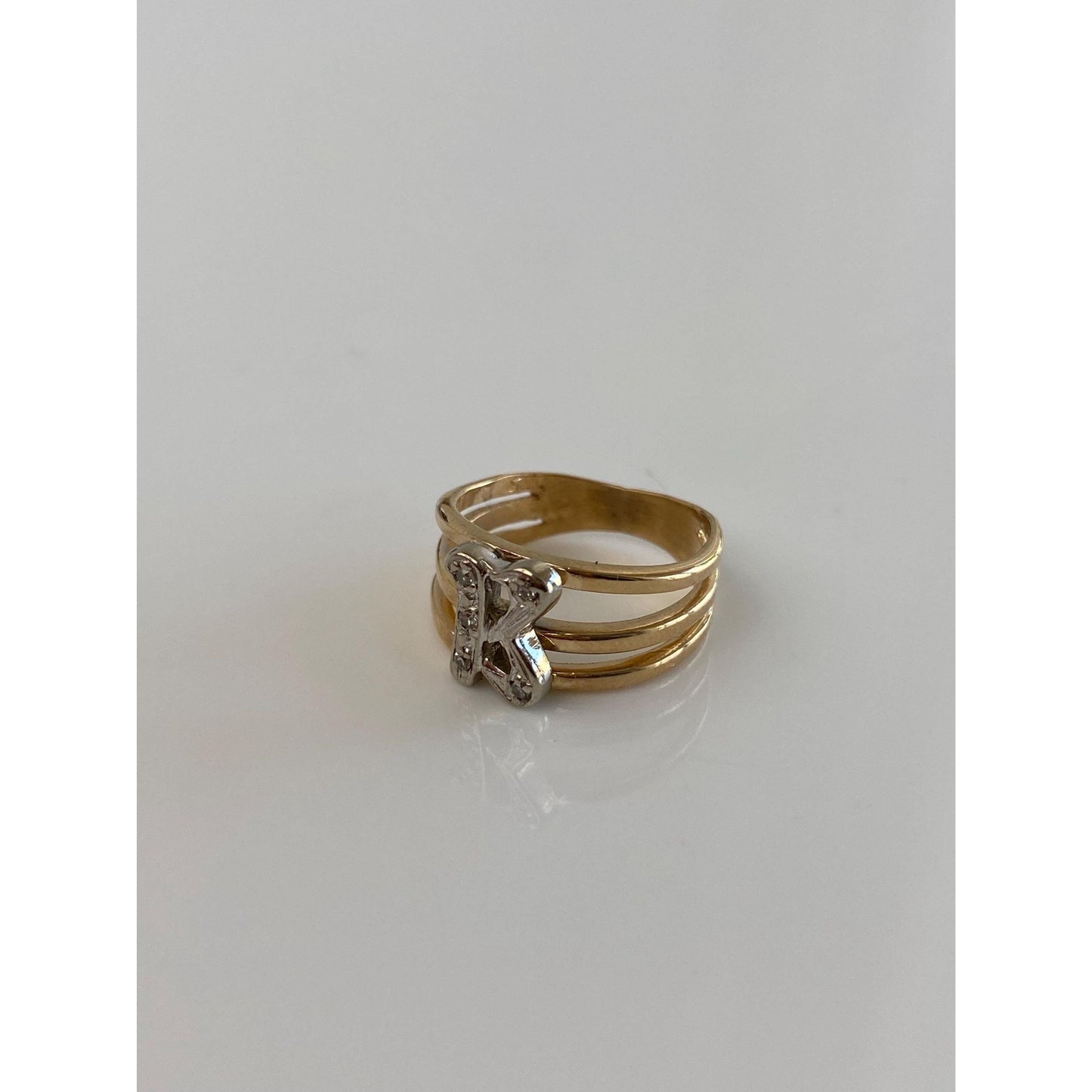 Vintage Solid 14k White & Yellow Gold Diamond Initial 'B' Ring - Size 3.75