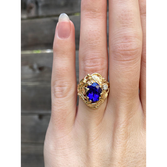 Vintage Solid 14k Yellow Gold Diamond Dark Blue Quartz Ring - Size 5.5
