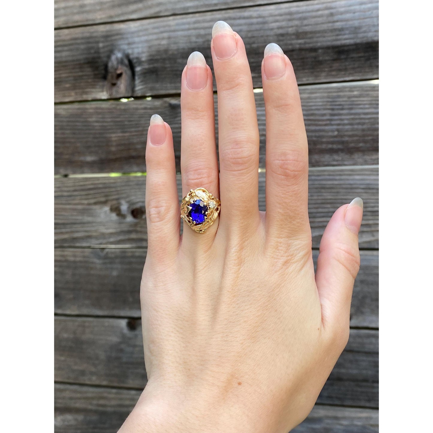 Vintage Solid 14k Yellow Gold Diamond Dark Blue Quartz Ring - Size 5.5
