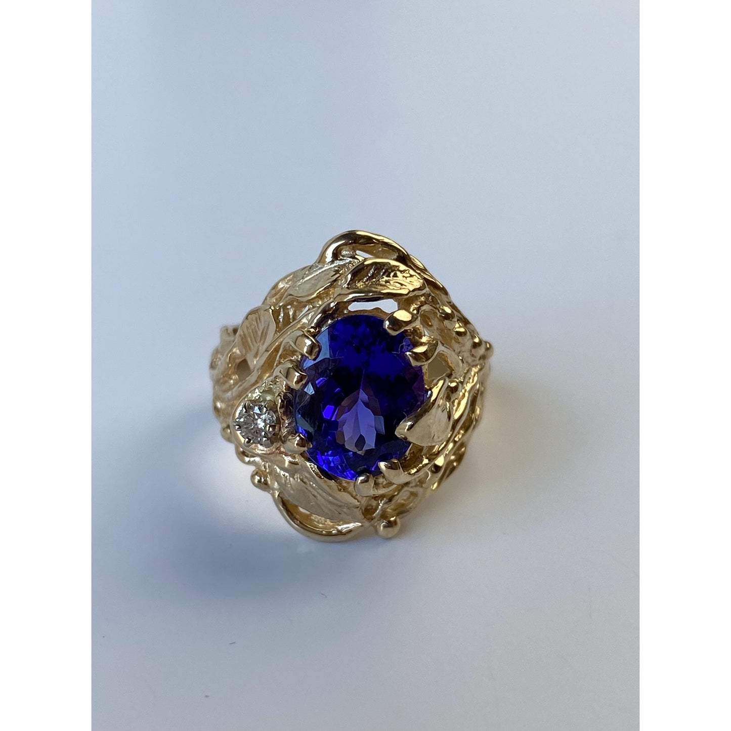 Vintage Solid 14k Yellow Gold Diamond Dark Blue Quartz Ring - Size 5.5