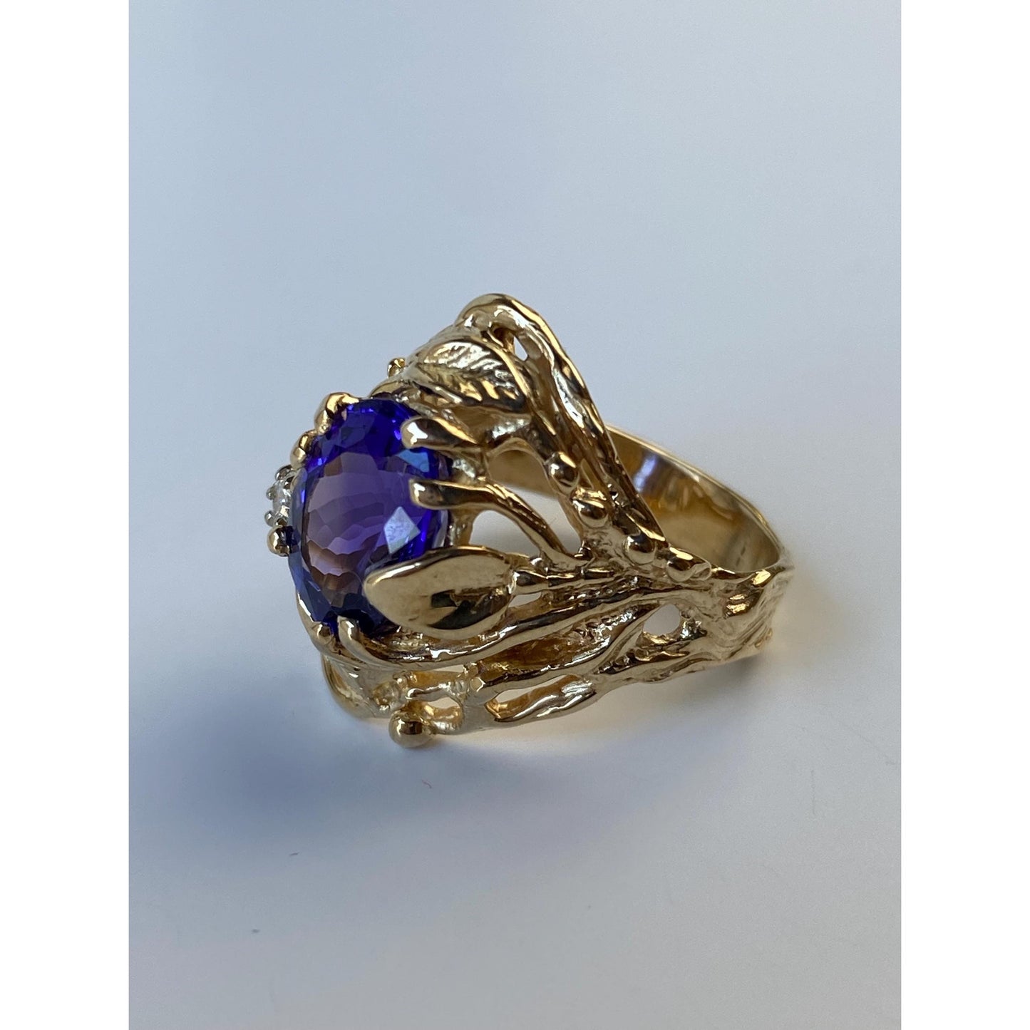 Vintage Solid 14k Yellow Gold Diamond Dark Blue Quartz Ring - Size 5.5