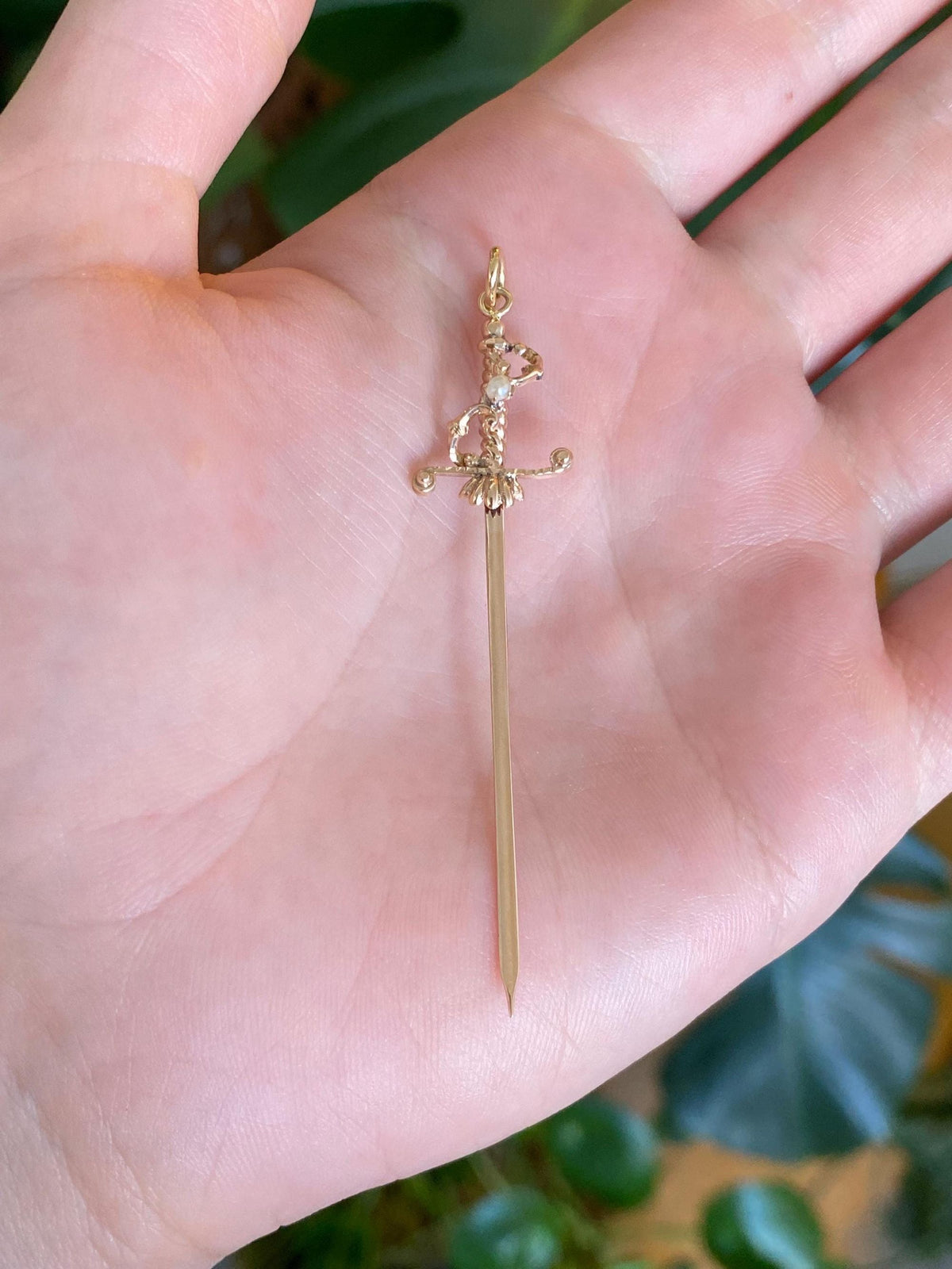Vintage Solid 10k Yellow Gold Pearl Sword Charm