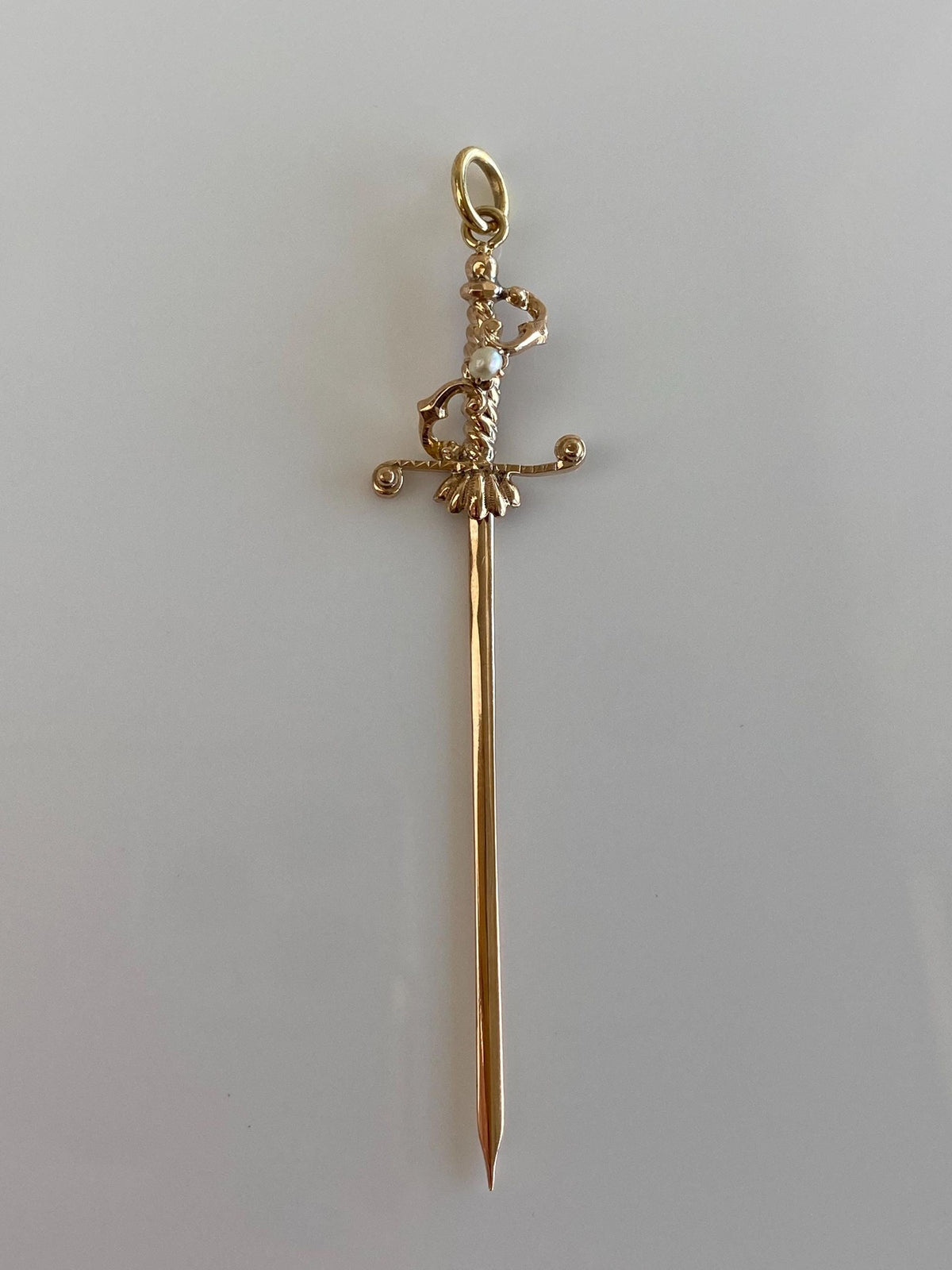 Vintage Solid 10k Yellow Gold Pearl Sword Charm