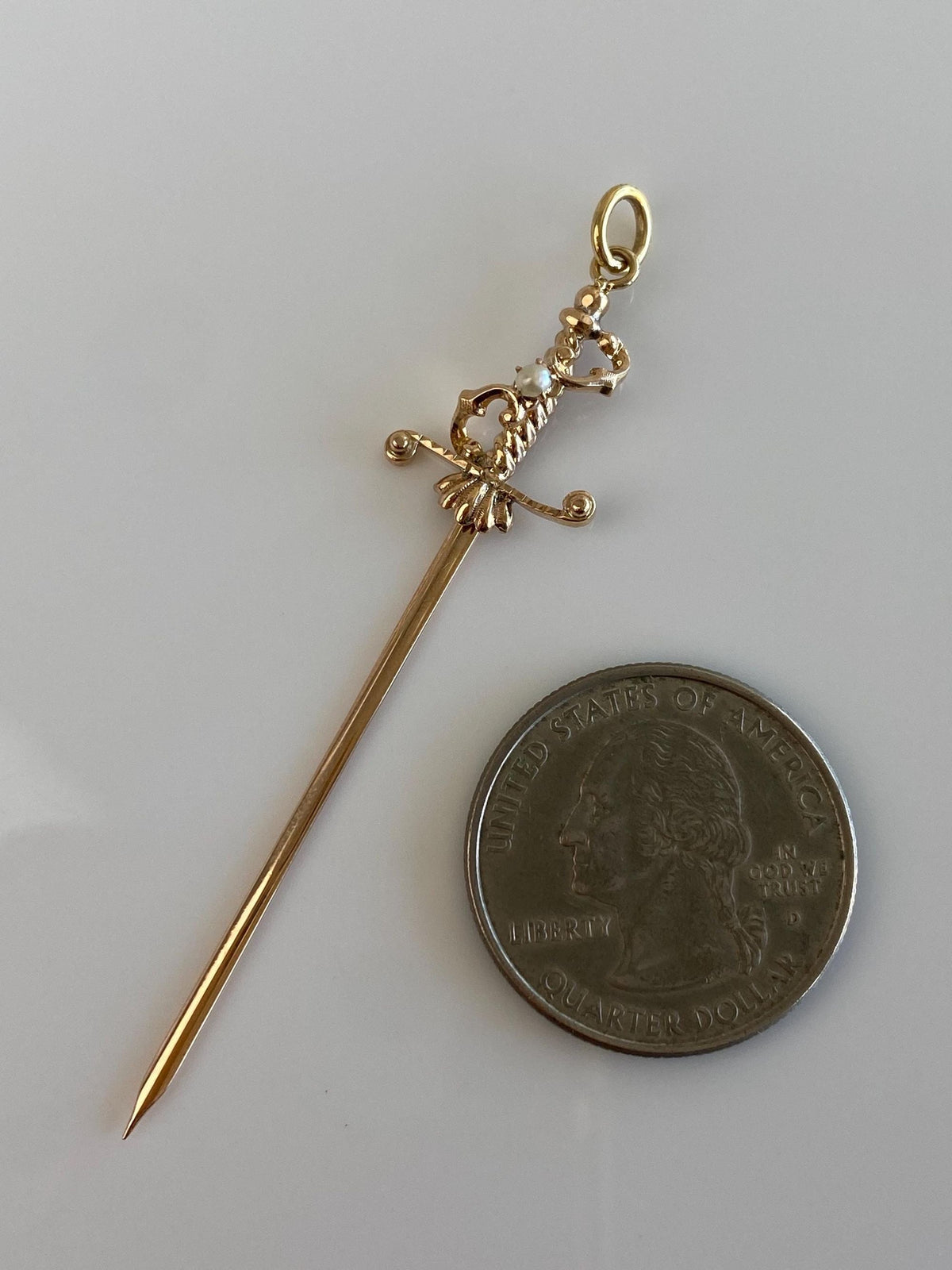 Vintage Solid 10k Yellow Gold Pearl Sword Charm