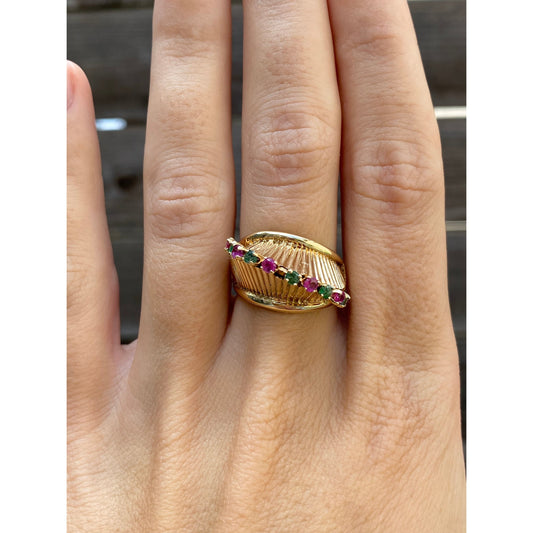 Vintage Solid 14k Yellow Gold Ruby Emerald Fluted Dome Ring - Size 6.5