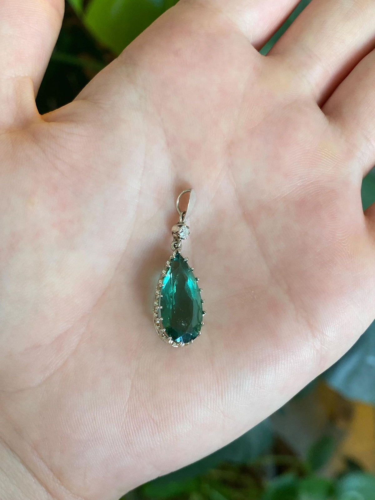 Vintage Solid 14k White Gold Diamond Green Tourmaline Teardrop Charm