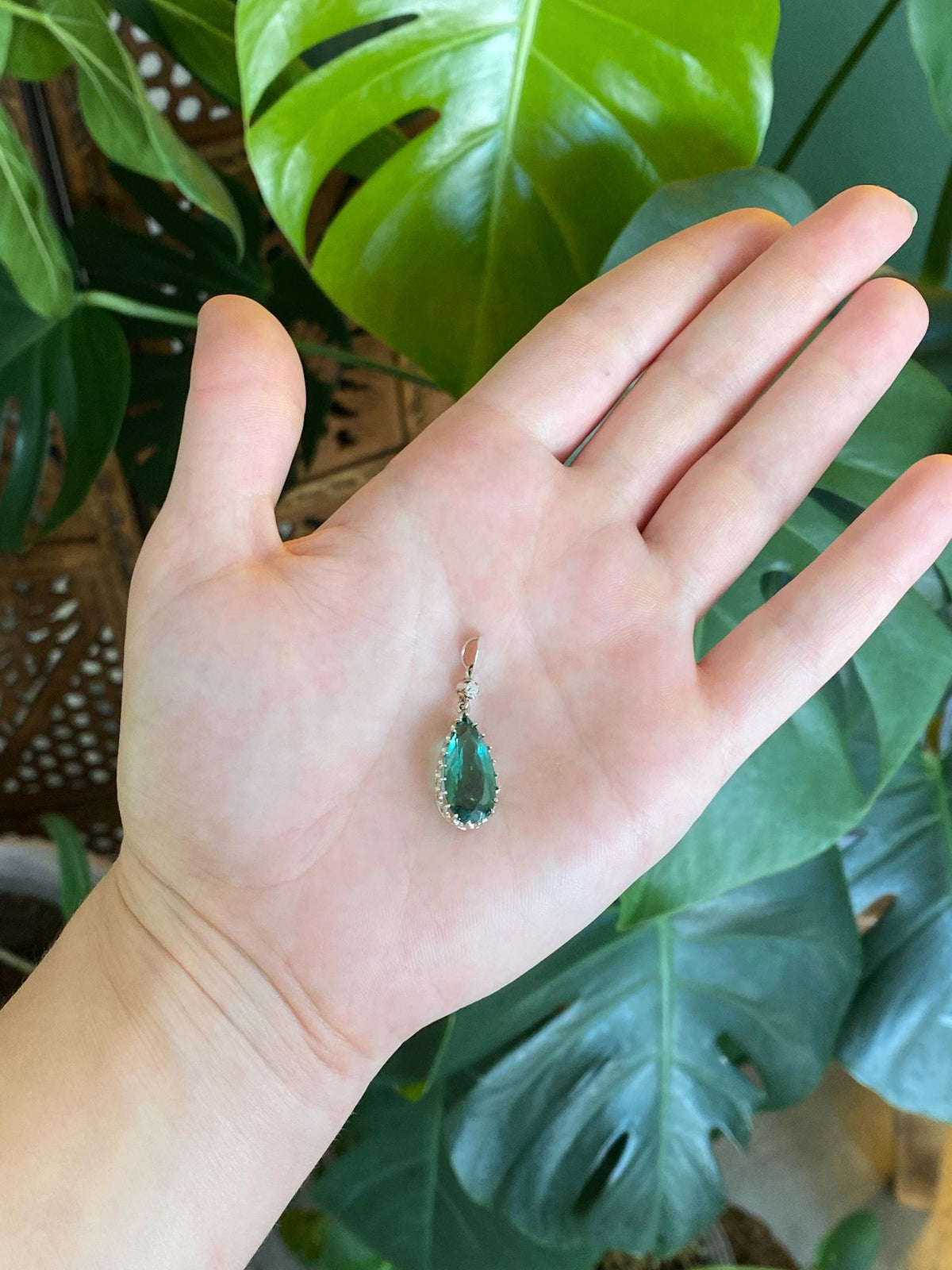 Vintage Solid 14k White Gold Diamond Green Tourmaline Teardrop Charm
