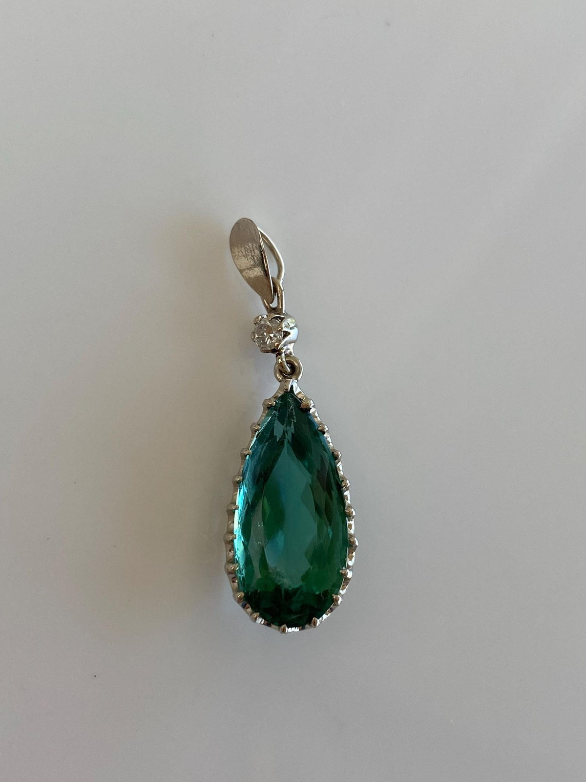 Vintage Solid 14k White Gold Diamond Green Tourmaline Teardrop Charm