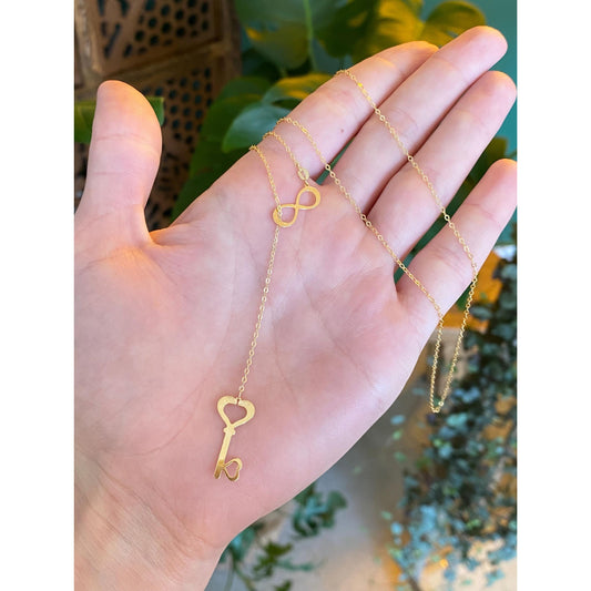 Vintage Solid 10k Yellow Gold Cable Link Key Lariat Necklace - 27.5 inches