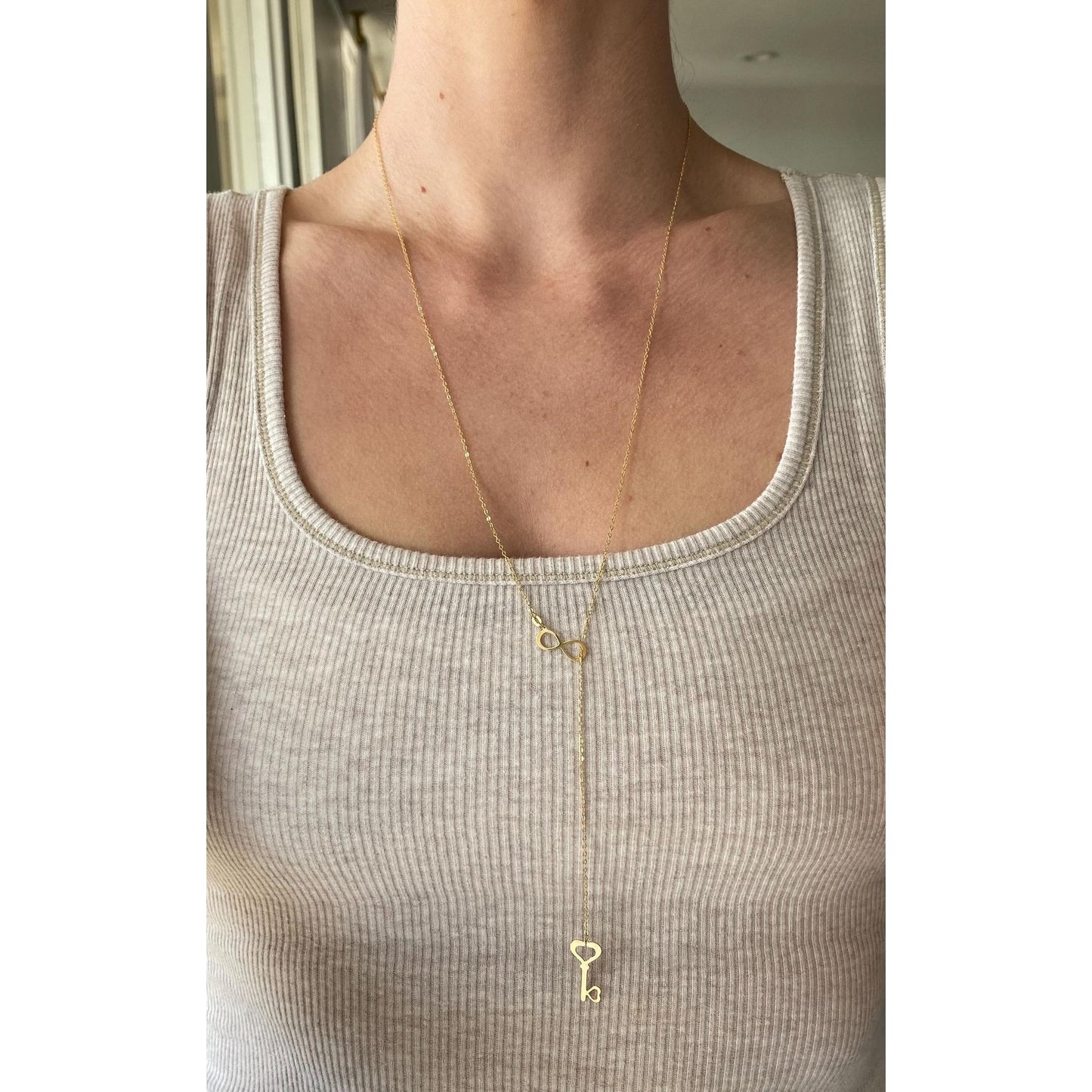 Vintage Solid 10k Yellow Gold Cable Link Key Lariat Necklace - 27.5 inches