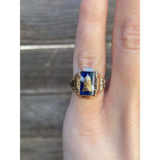 Vintage Solid 10k Yellow Gold Blue Spinel Pittsfield 1957 Class Ring - Size 4