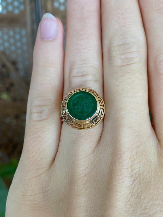 Vintage Solid 14k Yellow Gold Carved Jade Greek Key Border Ring - Size 4.5