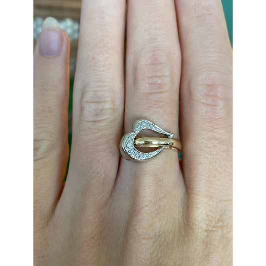 Vintage Solid 14k White & Yellow Gold Diamond Heart Buckle Ring - Size 6.5