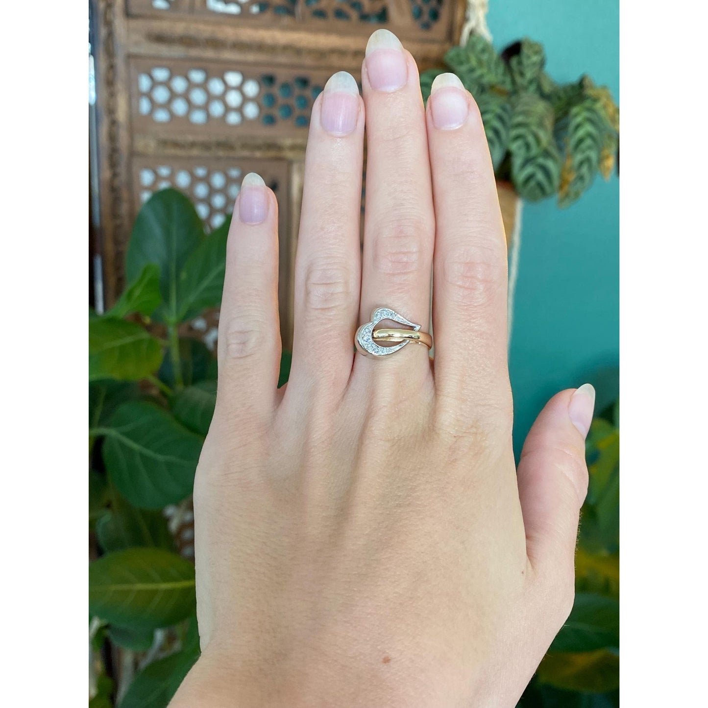 Vintage Solid 14k White & Yellow Gold Diamond Heart Buckle Ring - Size 6.5