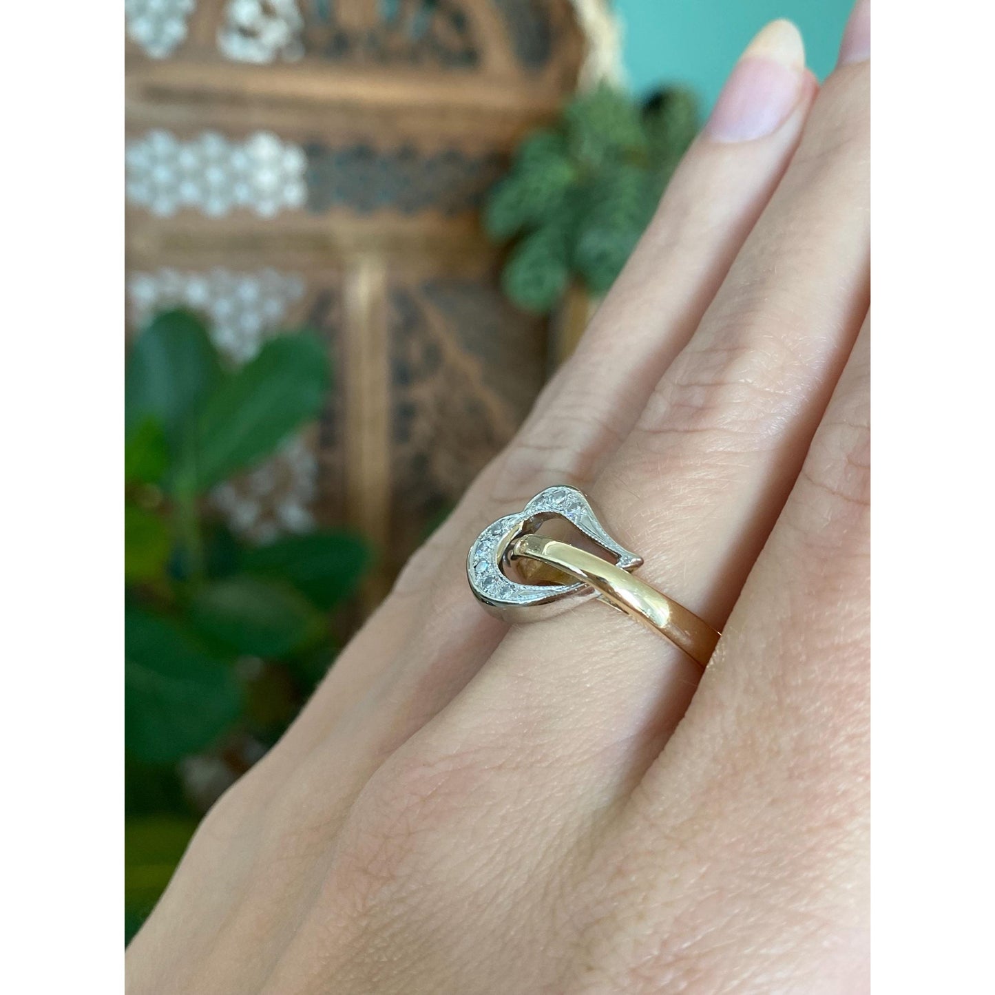 Vintage Solid 14k White & Yellow Gold Diamond Heart Buckle Ring - Size 6.5