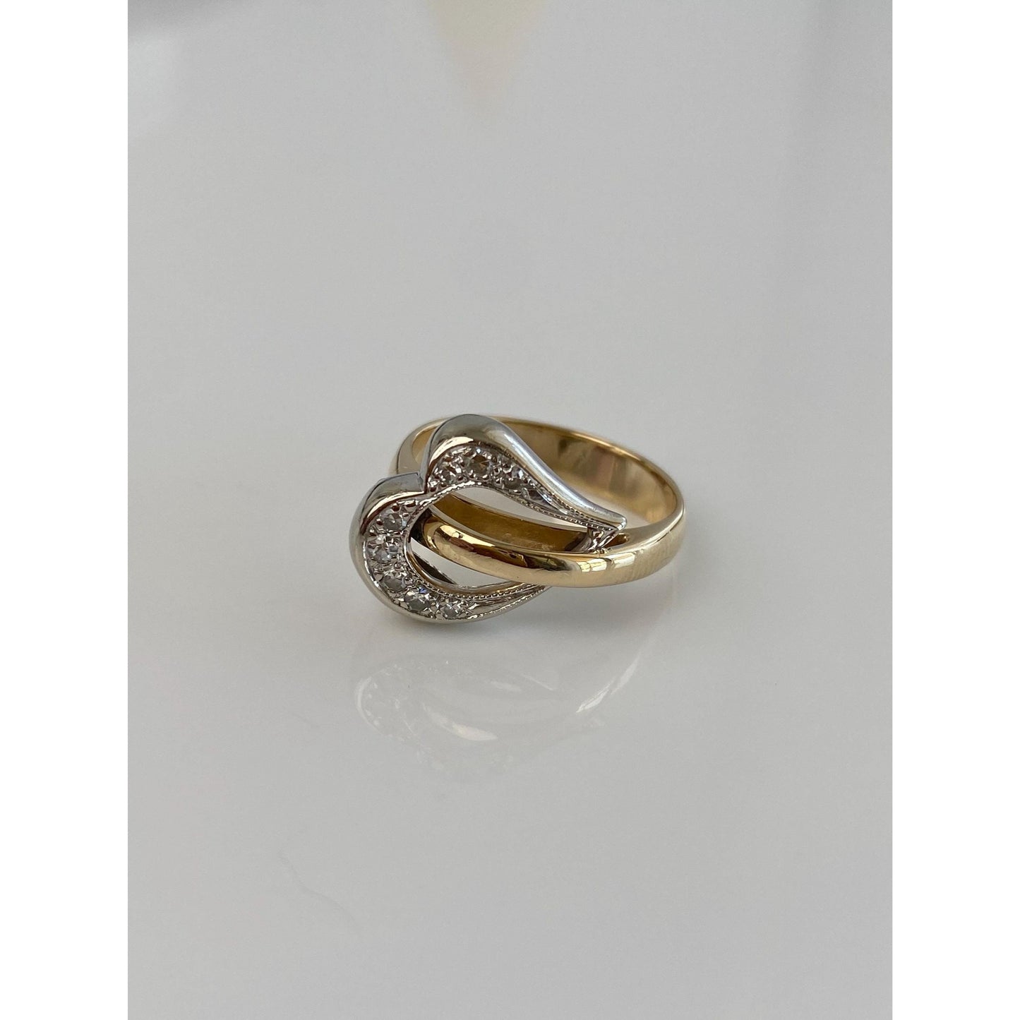 Vintage Solid 14k White & Yellow Gold Diamond Heart Buckle Ring - Size 6.5