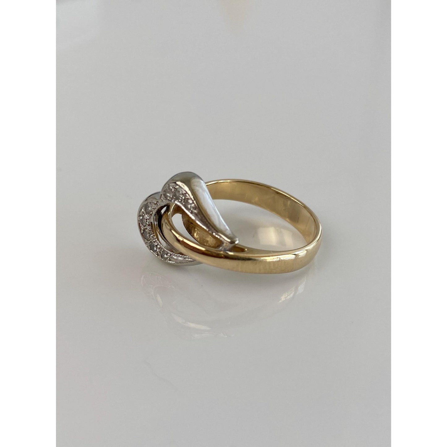 Vintage Solid 14k White & Yellow Gold Diamond Heart Buckle Ring - Size 6.5