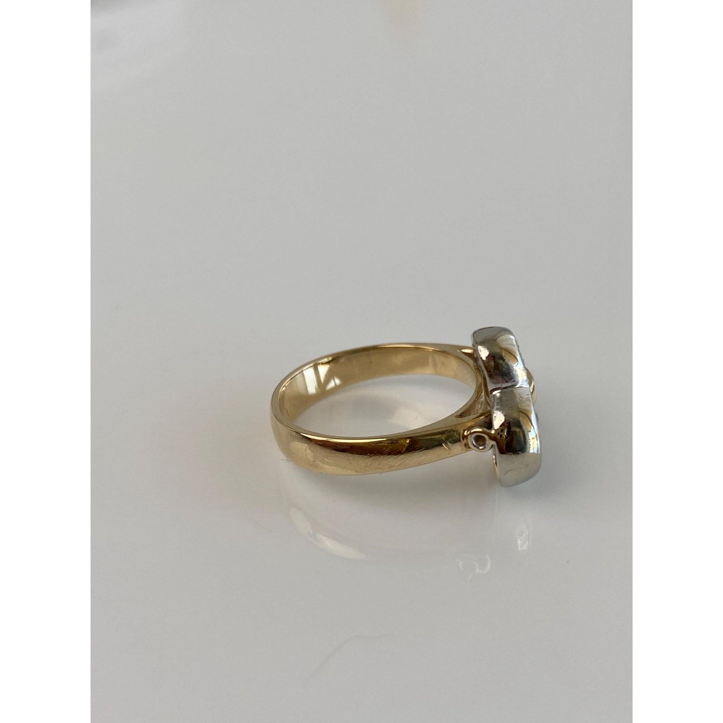 Vintage Solid 14k White & Yellow Gold Diamond Heart Buckle Ring - Size 6.5