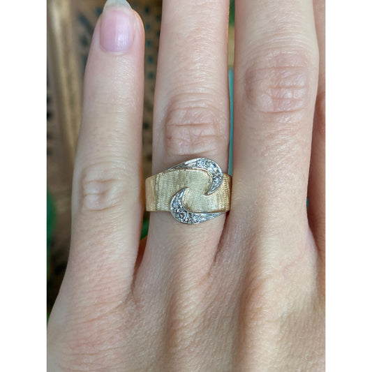 Vintage Solid 14k White & Yellow Gold Diamond Design Ring Band - Size 5.5