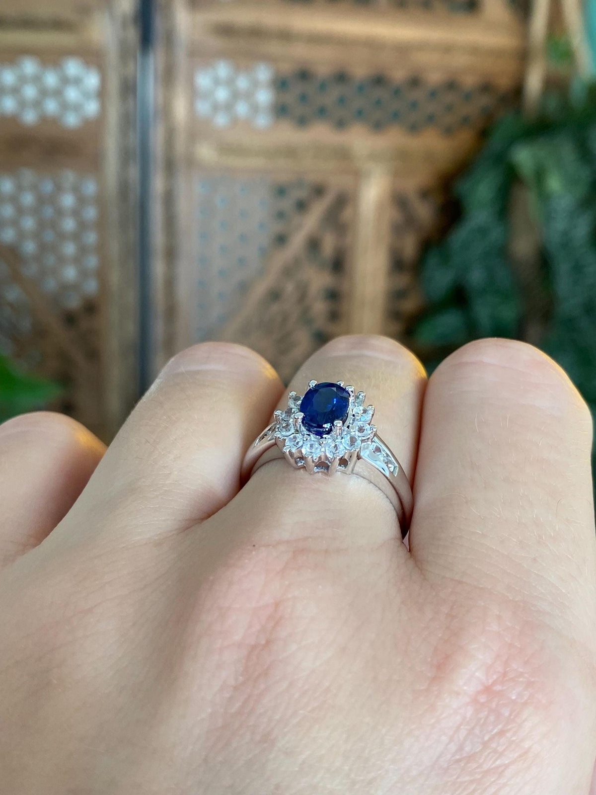 Vintage Solid 10k White Gold Blue Sapphire Clear Spinel Halo Ring - Size 7