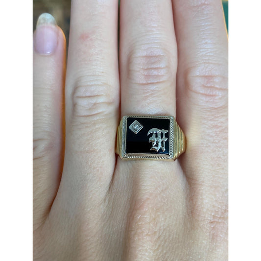 Vintage Solid 10k White & Yellow Gold Diamond Onyx Initial Signet Ring - Size 10.75