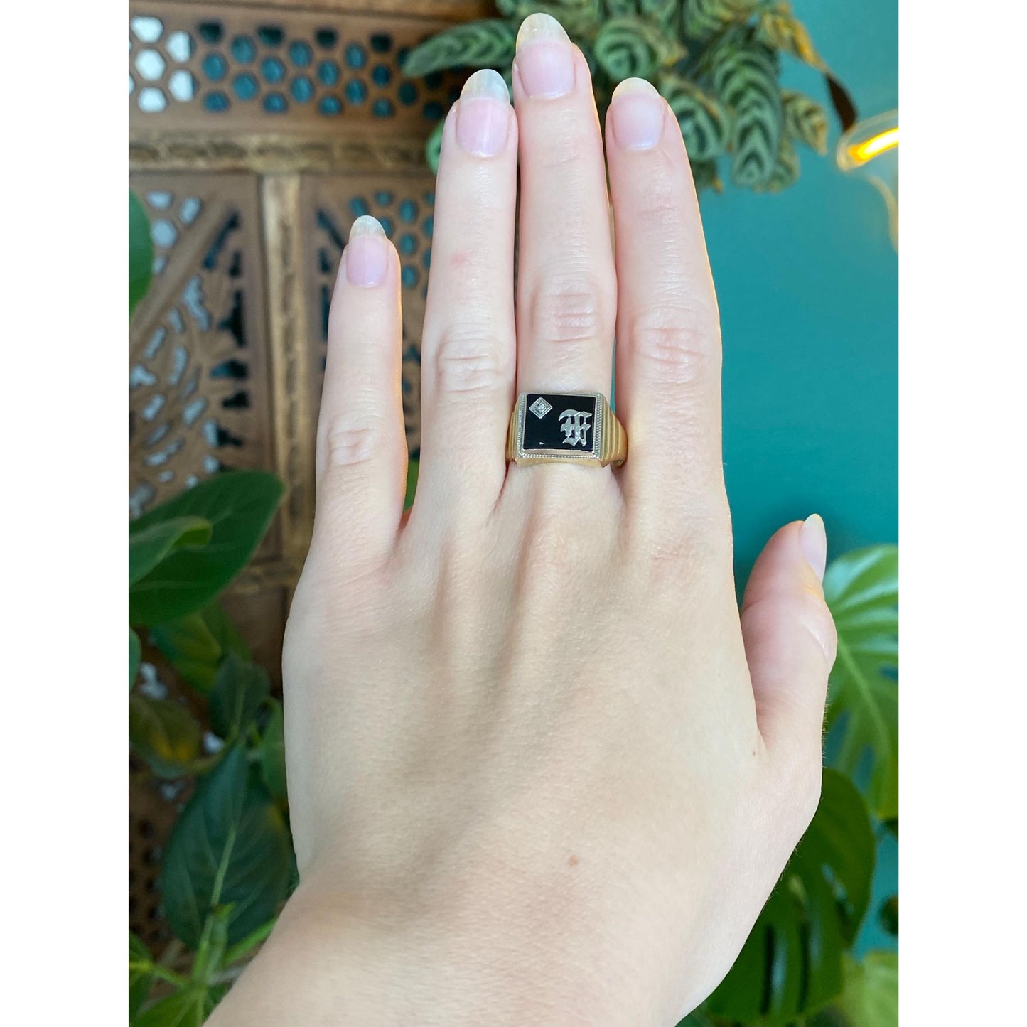 Vintage Solid 10k White & Yellow Gold Diamond Onyx Initial Signet Ring - Size 10.75