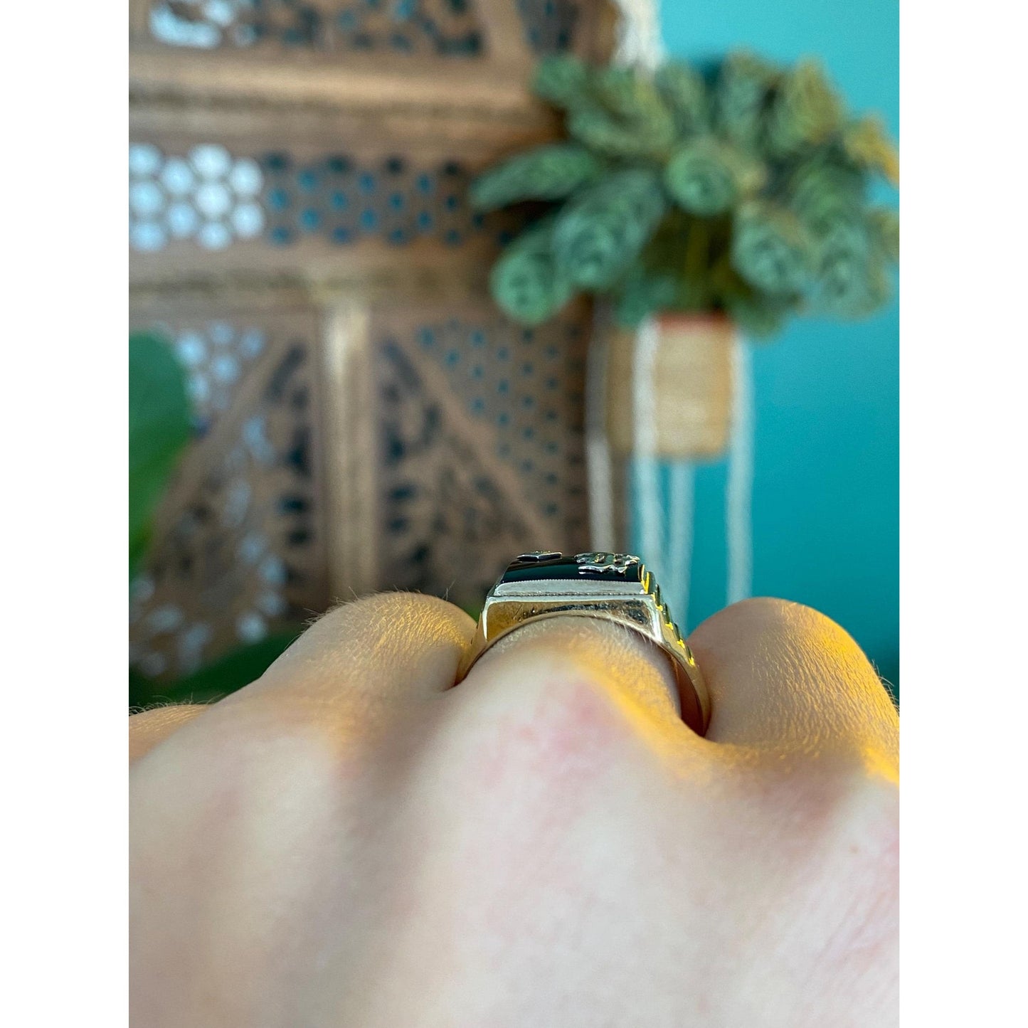 Vintage Solid 10k White & Yellow Gold Diamond Onyx Initial Signet Ring - Size 10.75