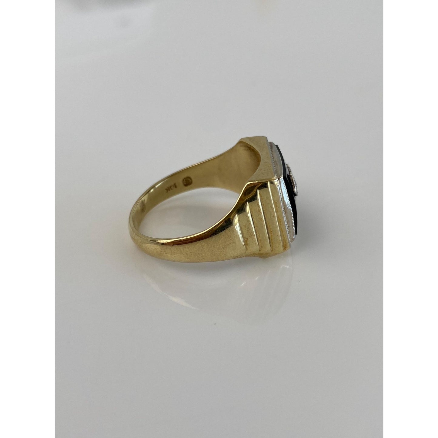 Vintage Solid 10k White & Yellow Gold Diamond Onyx Initial Signet Ring - Size 10.75