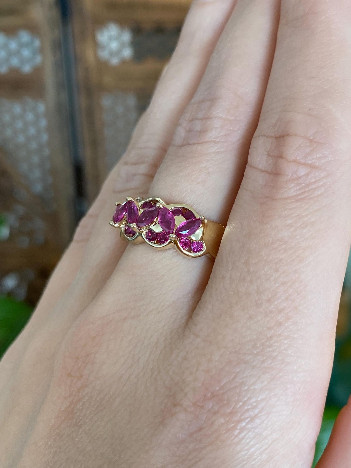 Vintage Solid 14k Yellow Gold Marquis Pink Sapphire Ring - Size 6.75