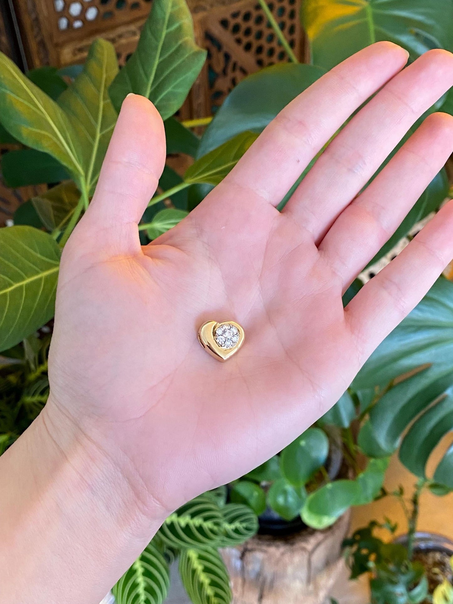 Vintage Solid 18k Yellow Gold Diamond Heart Slide Charm