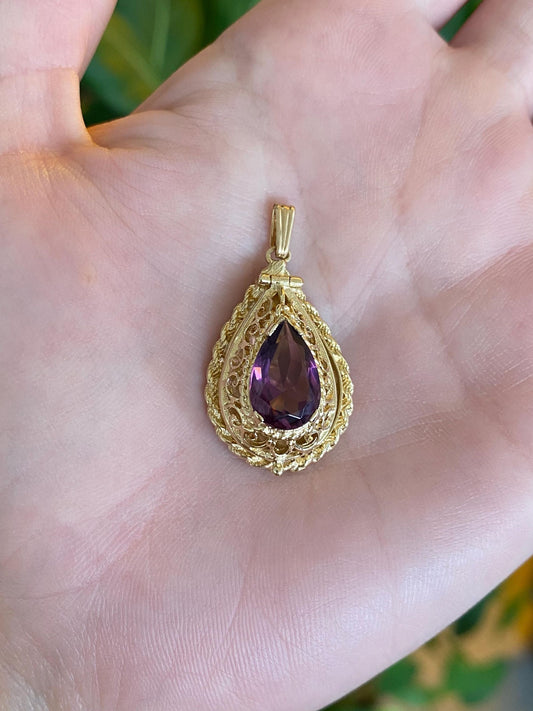 Vintage Solid 14k Yellow Gold Purple Cubic Zirconia Open Work Locket Charm