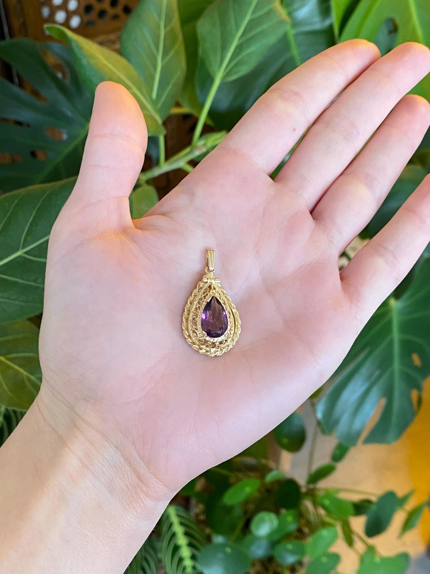 Vintage Solid 14k Yellow Gold Purple Cubic Zirconia Open Work Locket Charm