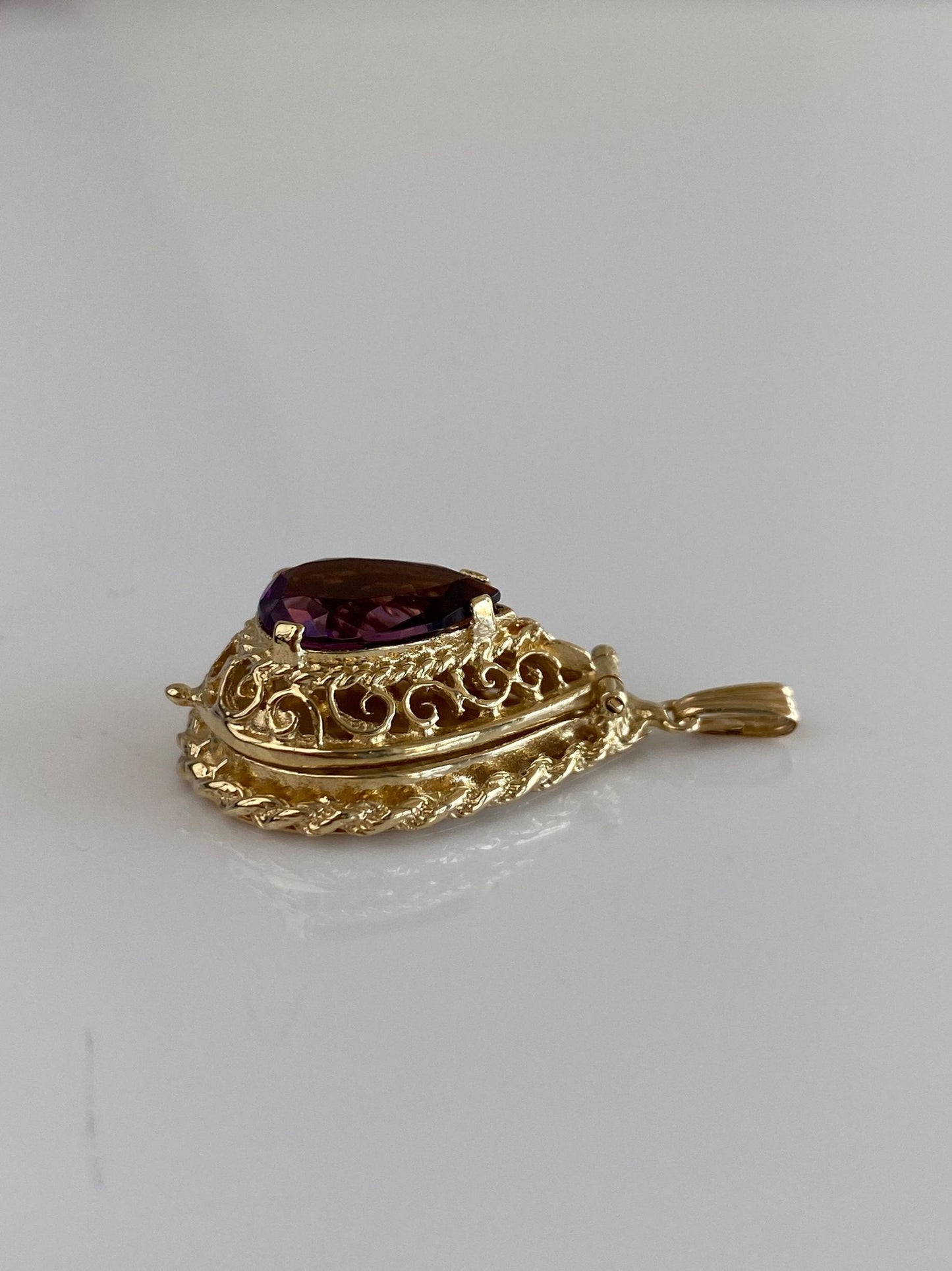 Vintage Solid 14k Yellow Gold Purple Cubic Zirconia Open Work Locket Charm