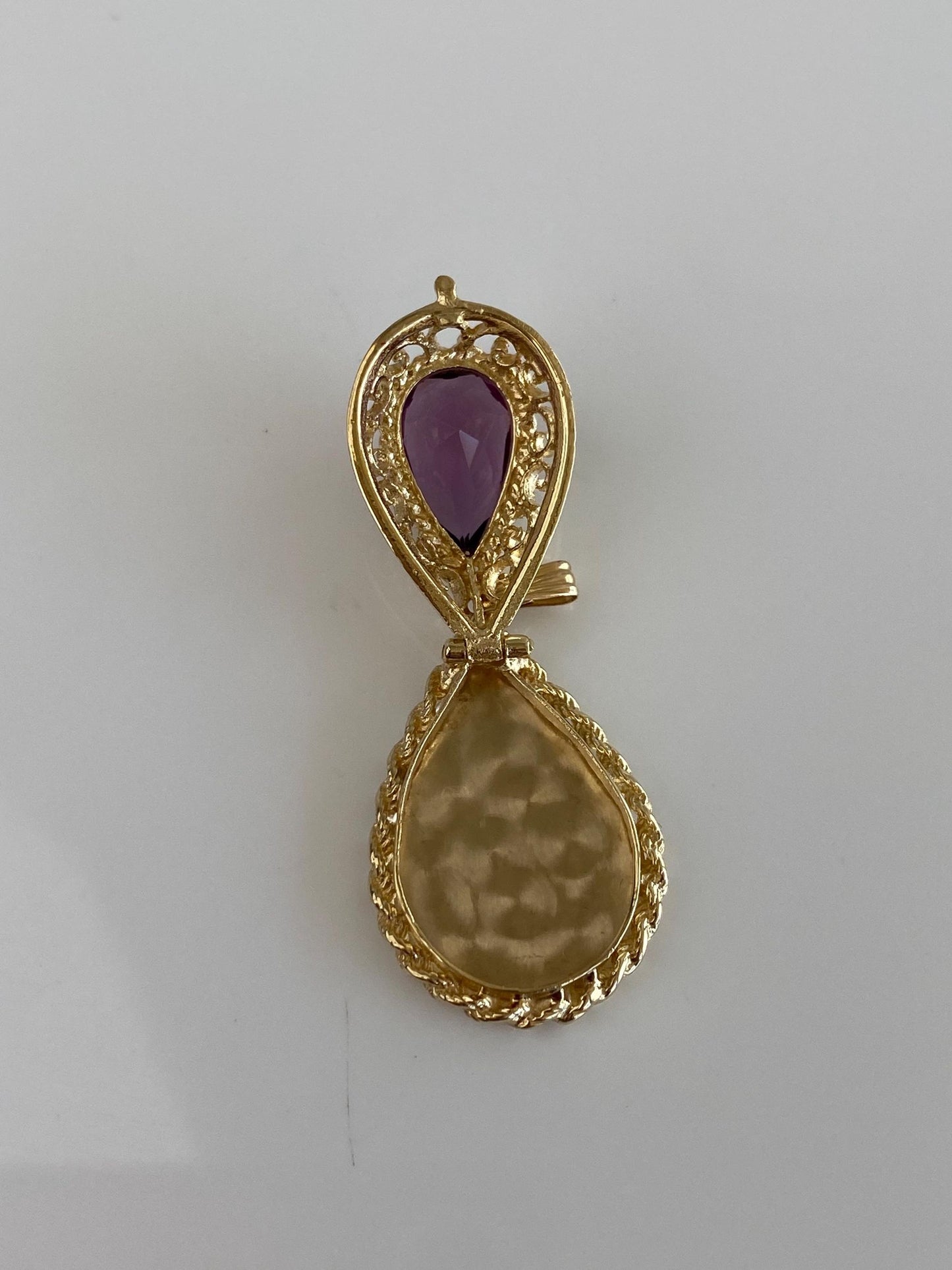 Vintage Solid 14k Yellow Gold Purple Cubic Zirconia Open Work Locket Charm