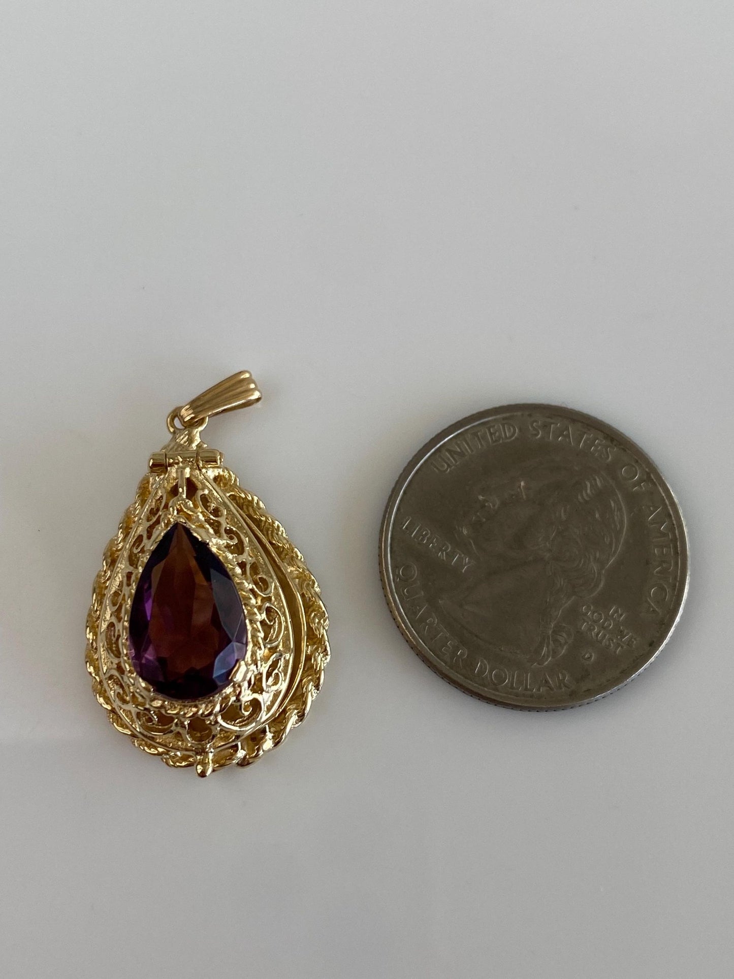 Vintage Solid 14k Yellow Gold Purple Cubic Zirconia Open Work Locket Charm