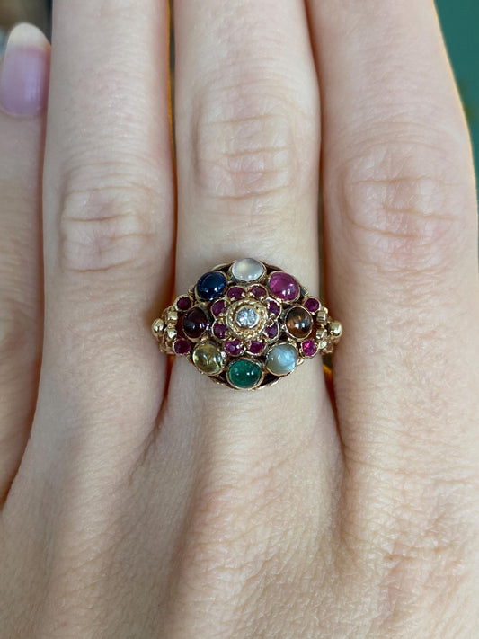 Vintage Solid 14k Yellow Gold Diamond Colored Sapphire Star Sapphire Emerald Quartz Cluster Ring - Size 6.75