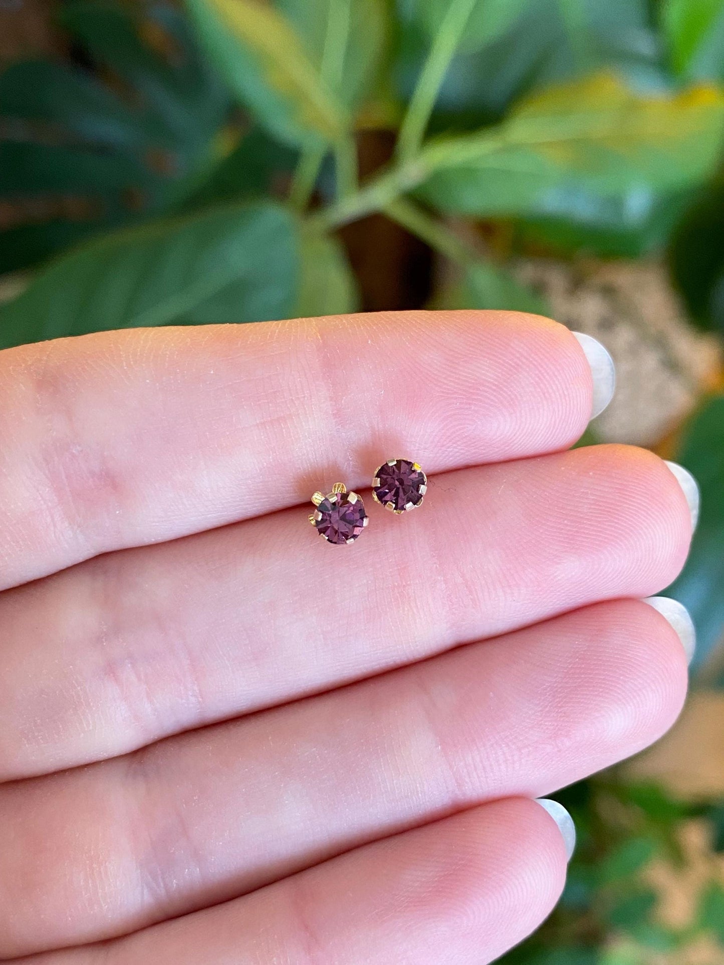 Vintage Solid 14k Yellow Gold Purple Cubic Zirconia Stud Earrings