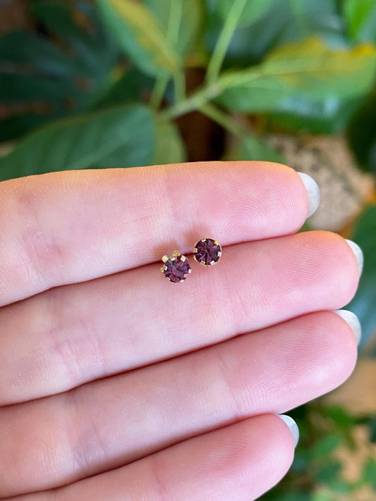 Vintage Solid 14k Yellow Gold Purple Cubic Zirconia Stud Earrings